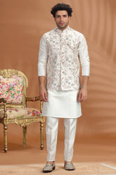 Cream Silk Kurta Pajama with Embroidered Jacket